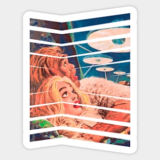 Prehistoric Human Couple Scared by Alien Invasion Sci Fi Sticker